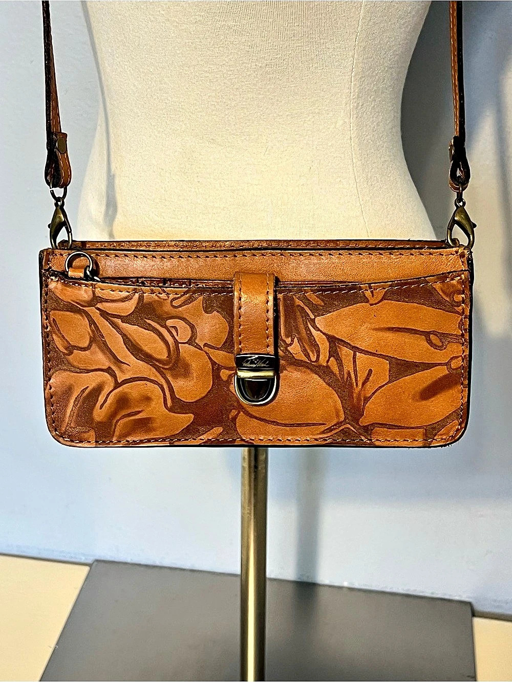 Rare! Patricia Nash Aso  Crossbody Organizer Tooled Brown Floral Bag